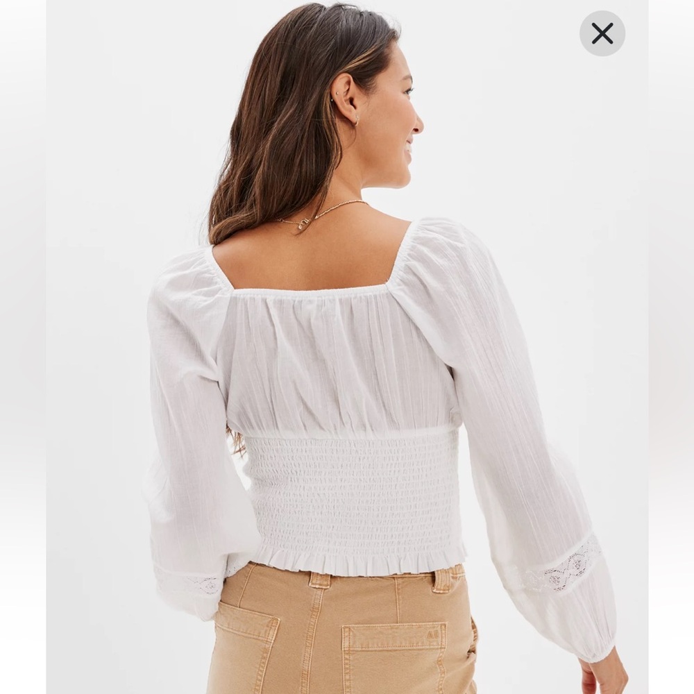 American Eagle Outfitters AE Long-Sleeve Smocked Blouse - White - Picture 2 of 13